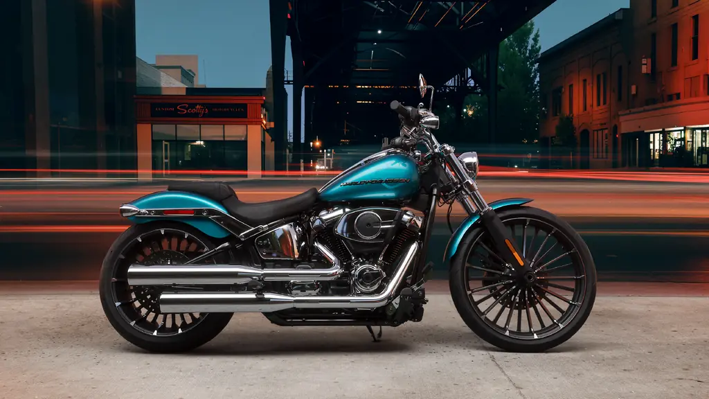 A teal 2026 Harley-Davidson Breakout parked side-on on a city street at dusk
