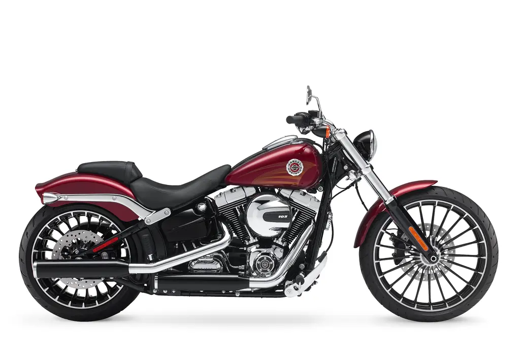 Right-side studio view of a red 2017 Harley-Davidson Breakout.