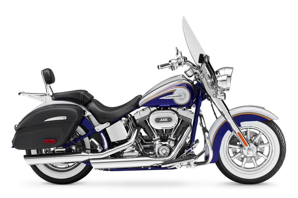 Right-side studio view of a 2014 Harley-Davidson CVO Softail Deluxe FLSTNSE.