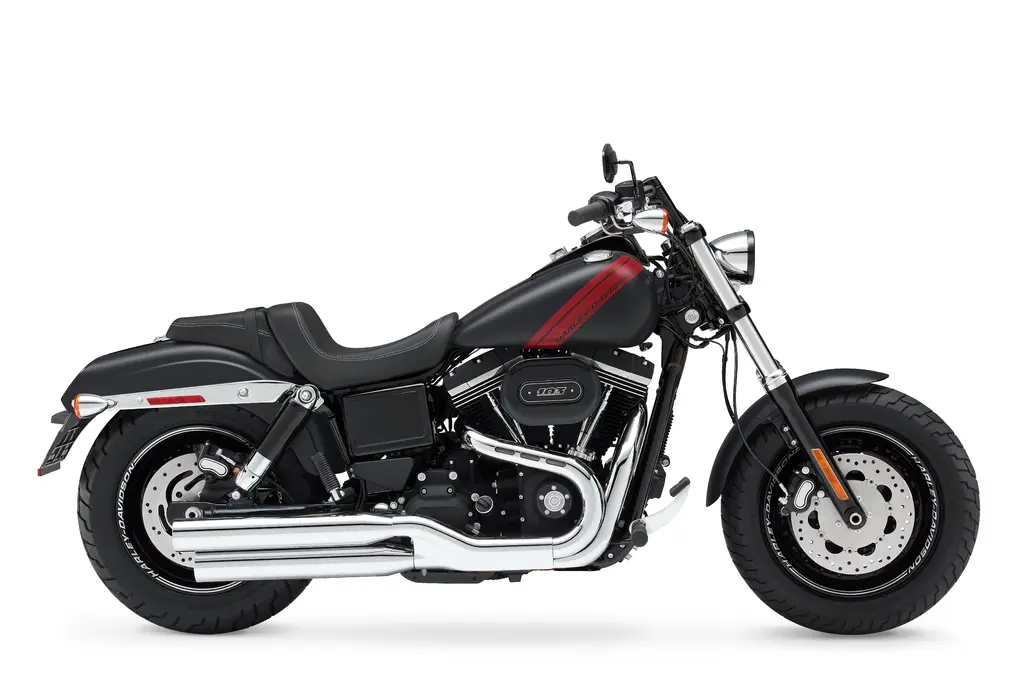 Right-side studio view of a black and red 2017 Harley-Davidson Dyna Fat Bob.