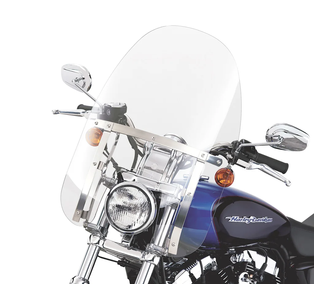 Clear Compact windscreen with polished braces fitted around a motorcycle headlamp.