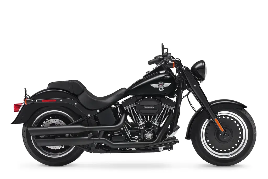 Right-side studio view of a black 2017 Harley-Davidson Fat Boy S.