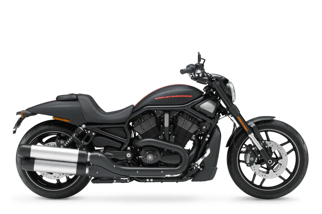 Right-side studio view of a black 2017 Harley-Davidson Night Rod Special, with red tank lettering and twin silver exhaust silencers.
