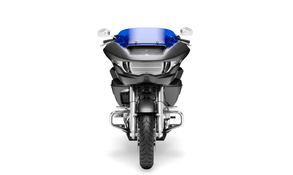 2026 Harley-Davidson Road Glide from the front, studio shot, the 2024-on frame-mounted sharknose fairing, tinted screen, mirrors and chrome engine guard