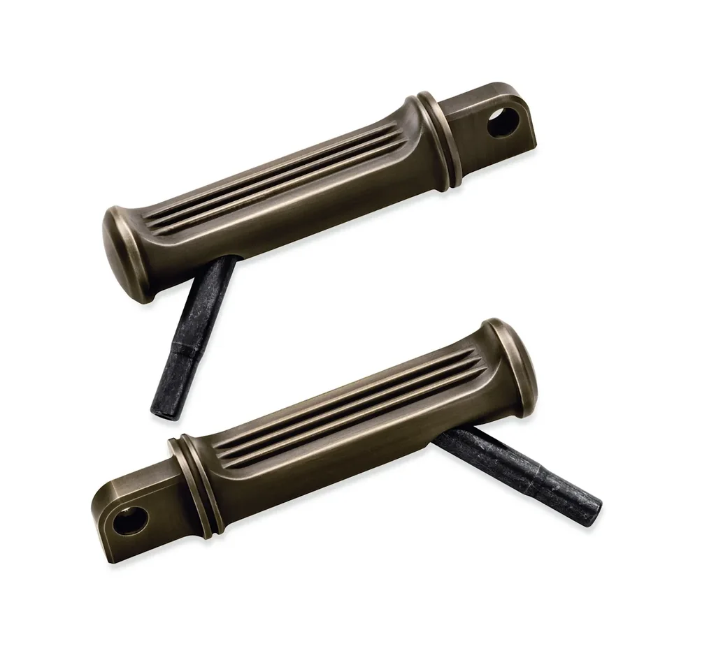 Brass rider footpeg pair with black wear tips, Harley-Davidson part 50500482.