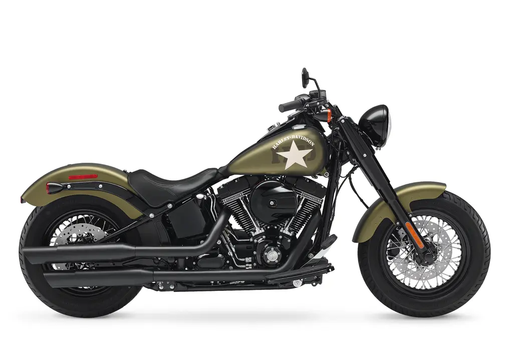 Right-side studio view of a olive-green 2017 Harley-Davidson Softail Slim S.