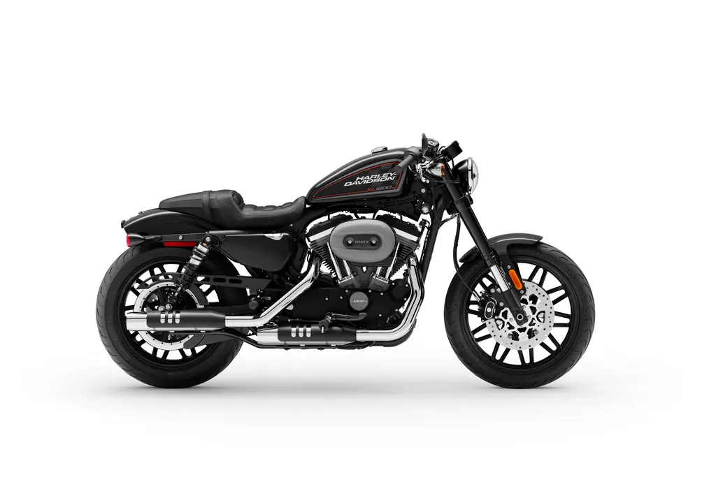 Right-side studio view of a black 2020 Harley-Davidson Roadster.