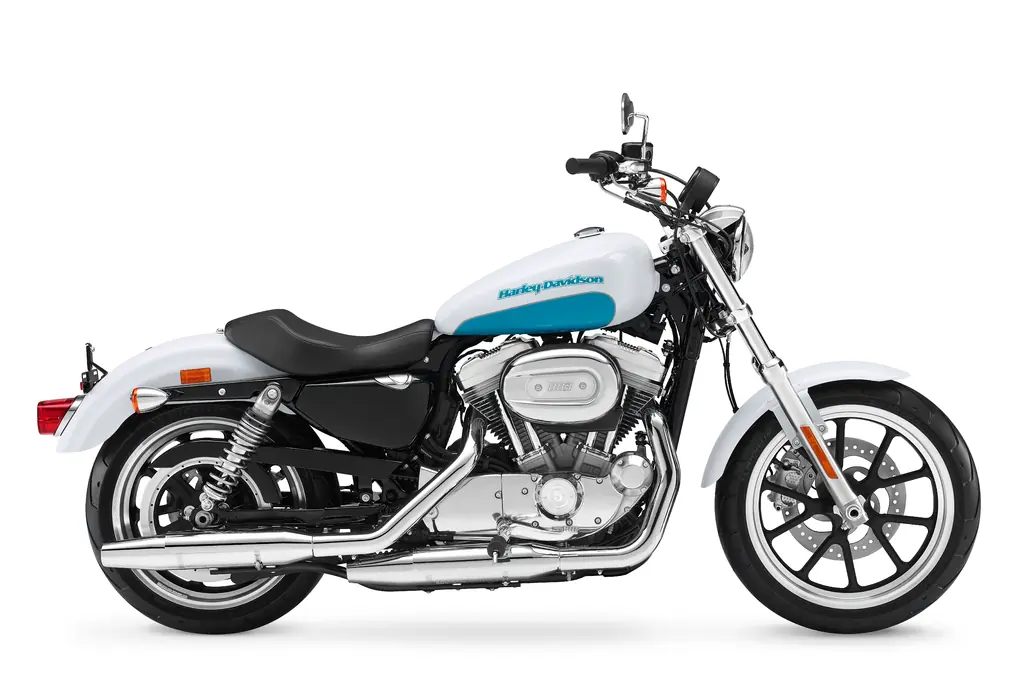 Right-side view of a white and blue 2017 Harley-Davidson Sportster SuperLow with cast wheels.