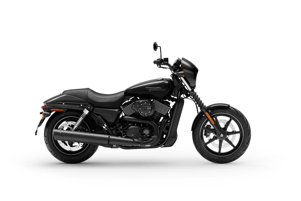 Right-side studio view of a black Harley-Davidson Street 750, with black exhaust and small headlight cowl.