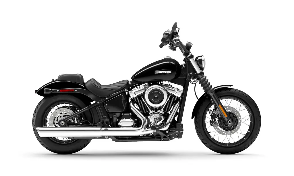 Side view of a black 2026 Harley-Davidson Street Bob on laced wheels with mini-ape handlebars