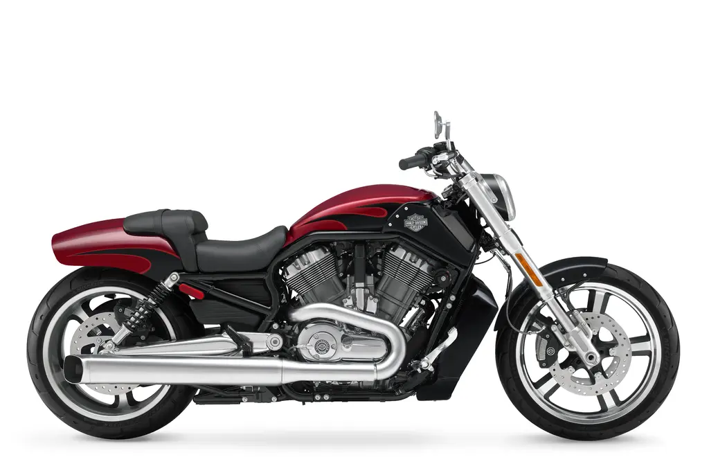 Right-side studio view of a red and black 2016 Harley-Davidson V-Rod Muscle.